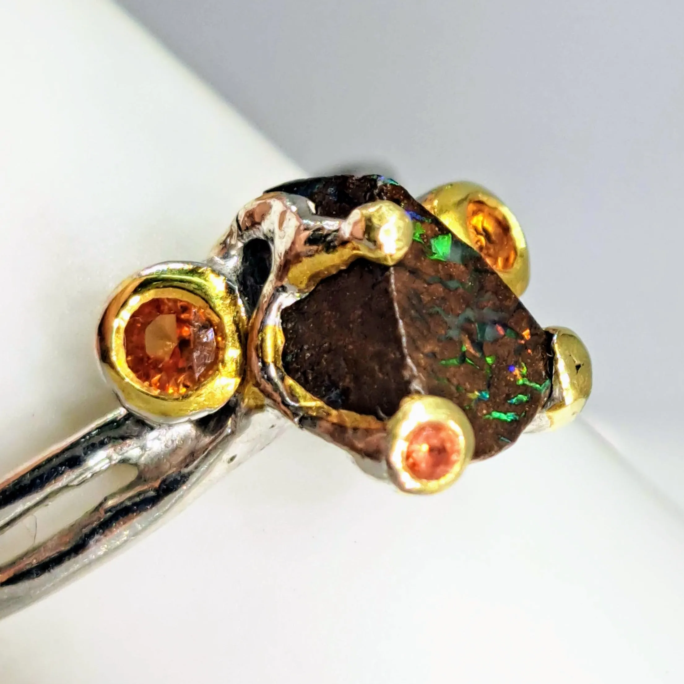 "The Solitaire" Sz 7.5 Ring - Boulder Opal, Mandarin Sapphire, Anti-tarnish Sterling, 18K Gold