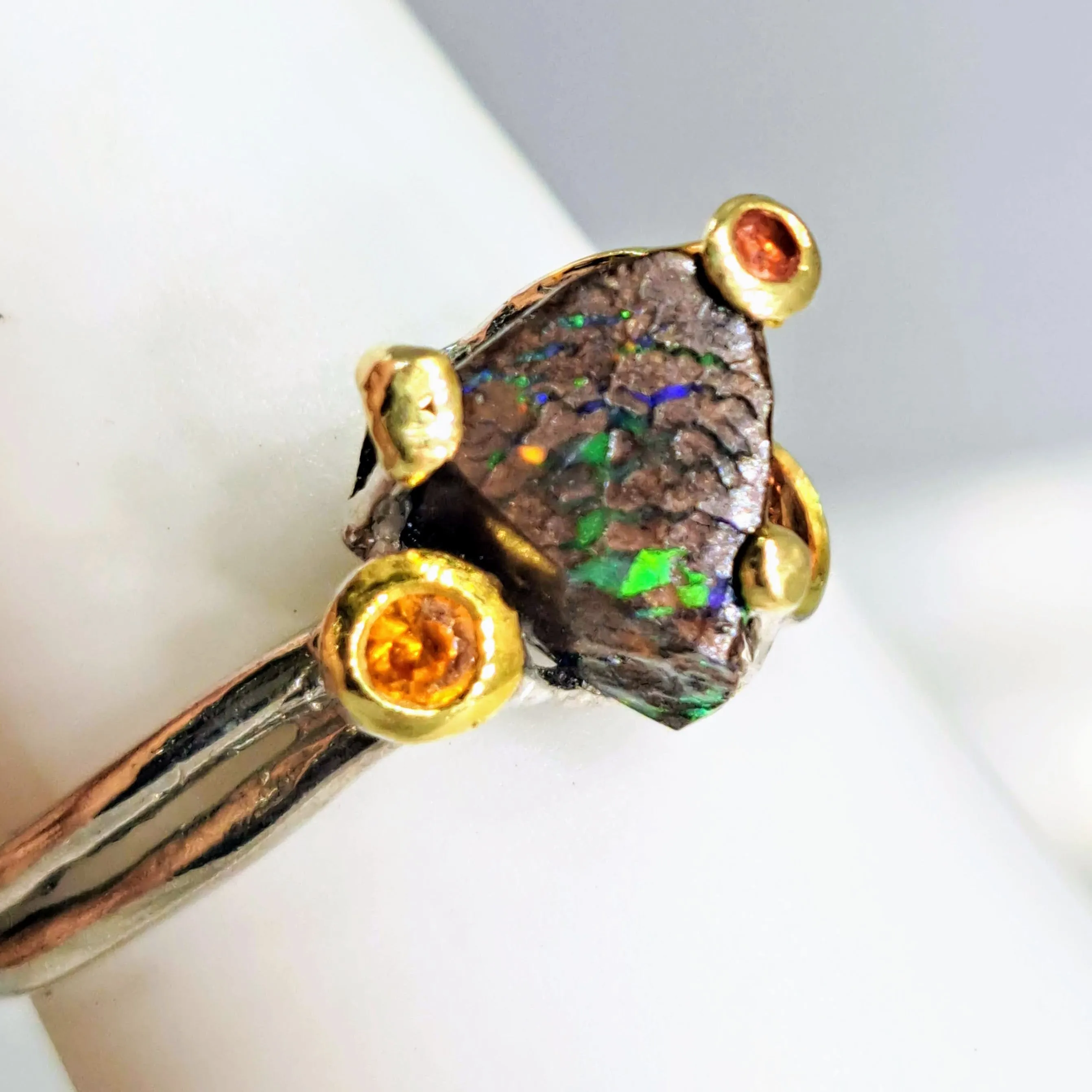 "The Solitaire" Sz 7.5 Ring - Boulder Opal, Mandarin Sapphire, Anti-tarnish Sterling, 18K Gold