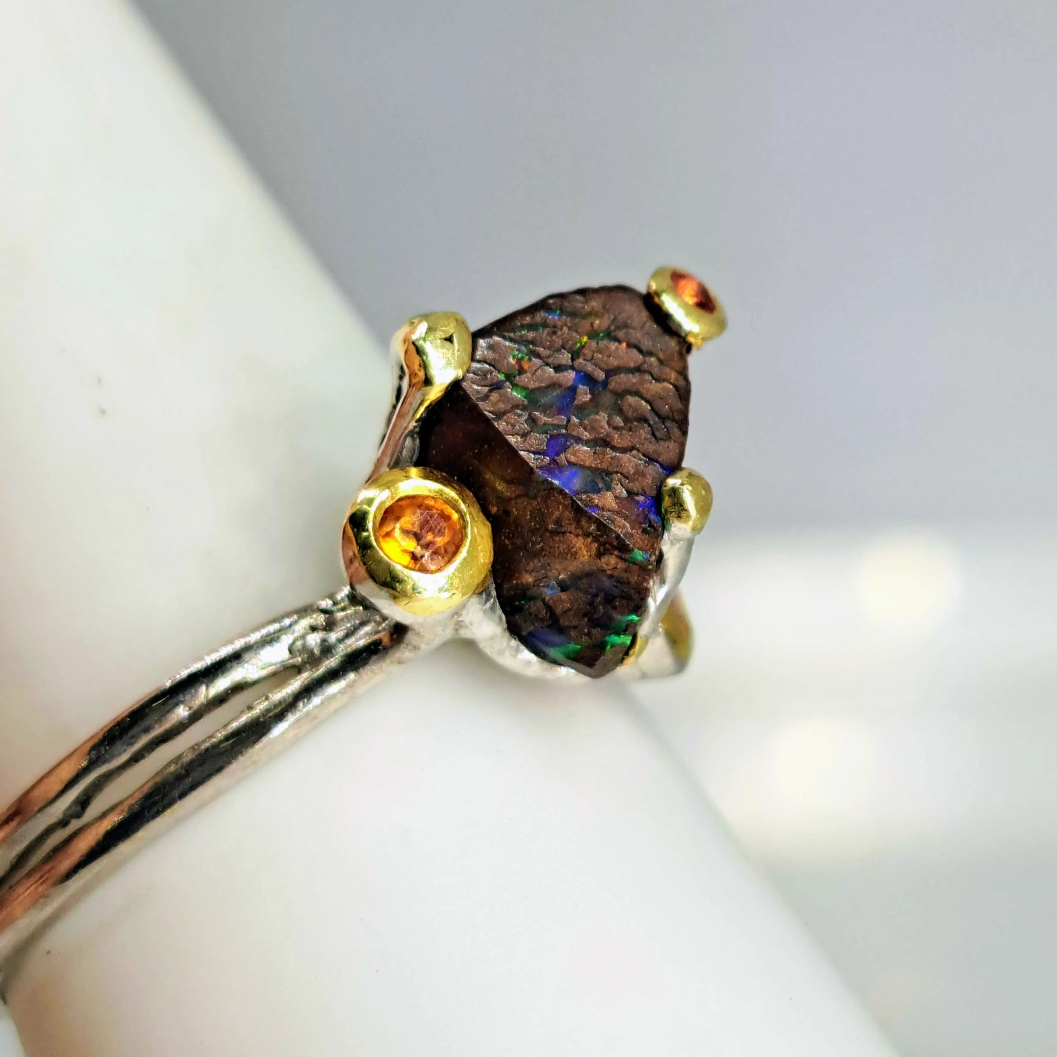 "The Solitaire" Sz 7.5 Ring - Boulder Opal, Mandarin Sapphire, Anti-tarnish Sterling, 18K Gold