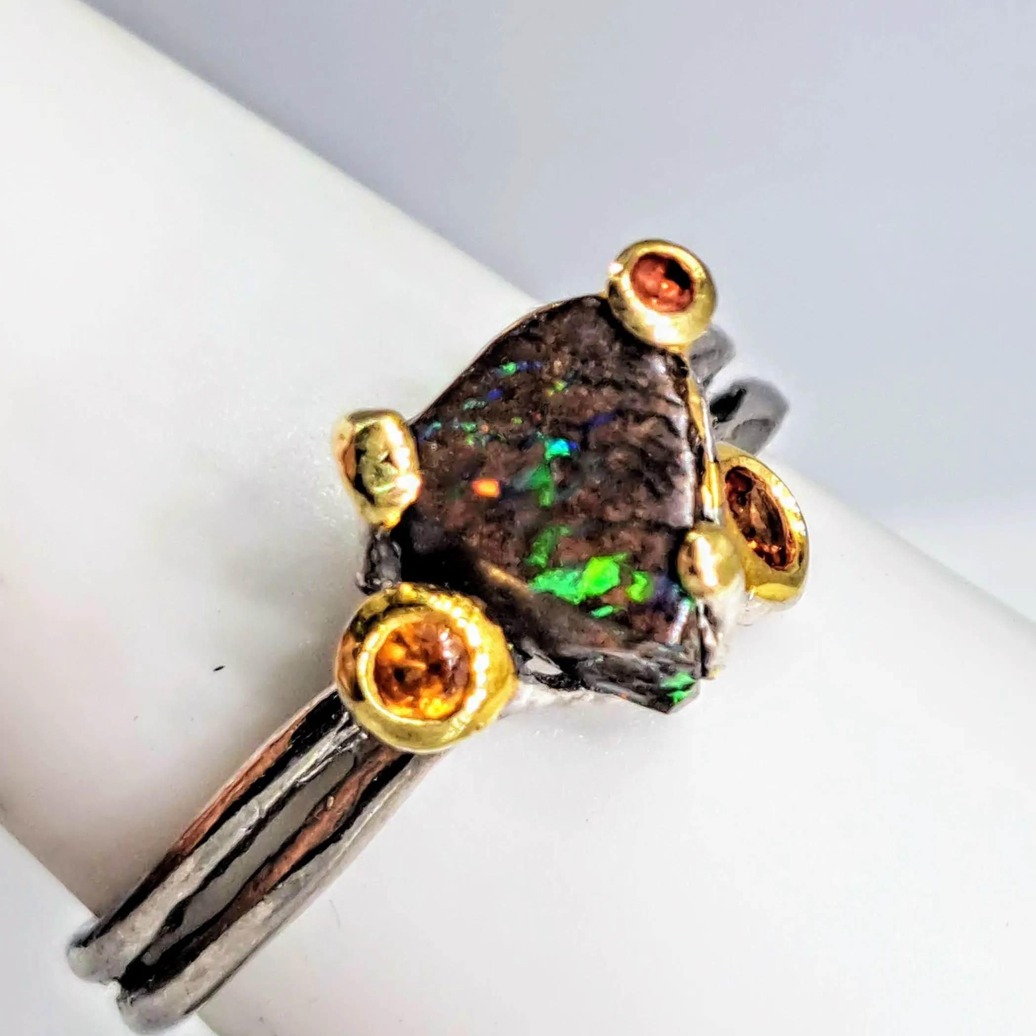 "The Solitaire" Sz 7.5 Ring - Boulder Opal, Mandarin Sapphire, Anti-tarnish Sterling, 18K Gold