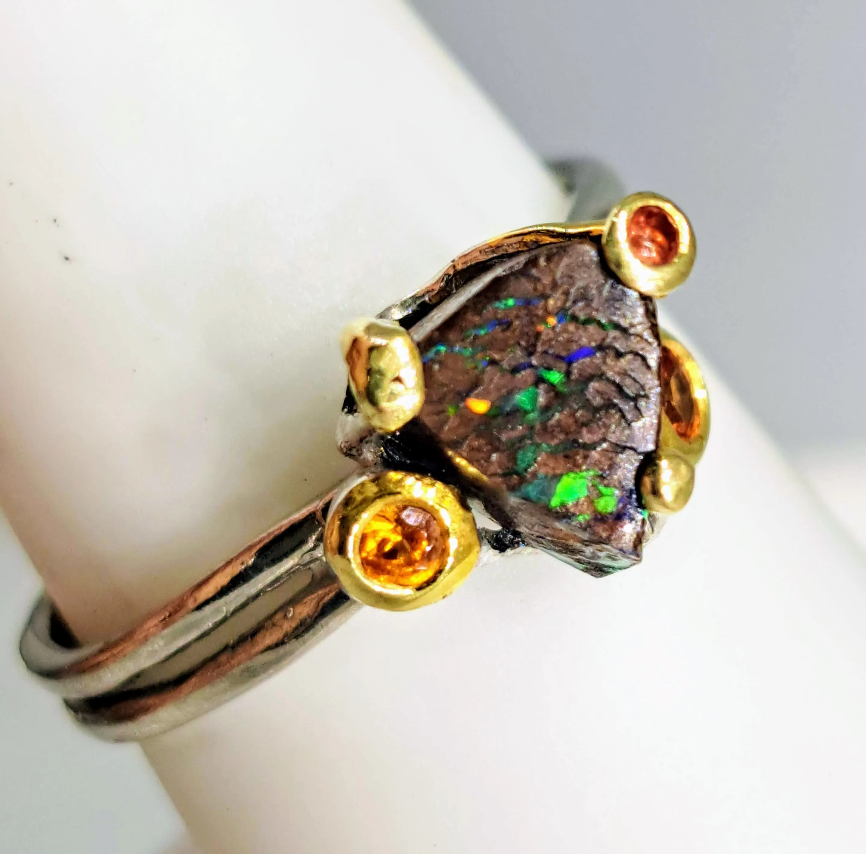 "The Solitaire" Sz 7.5 Ring - Boulder Opal, Mandarin Sapphire, Anti-tarnish Sterling, 18K Gold