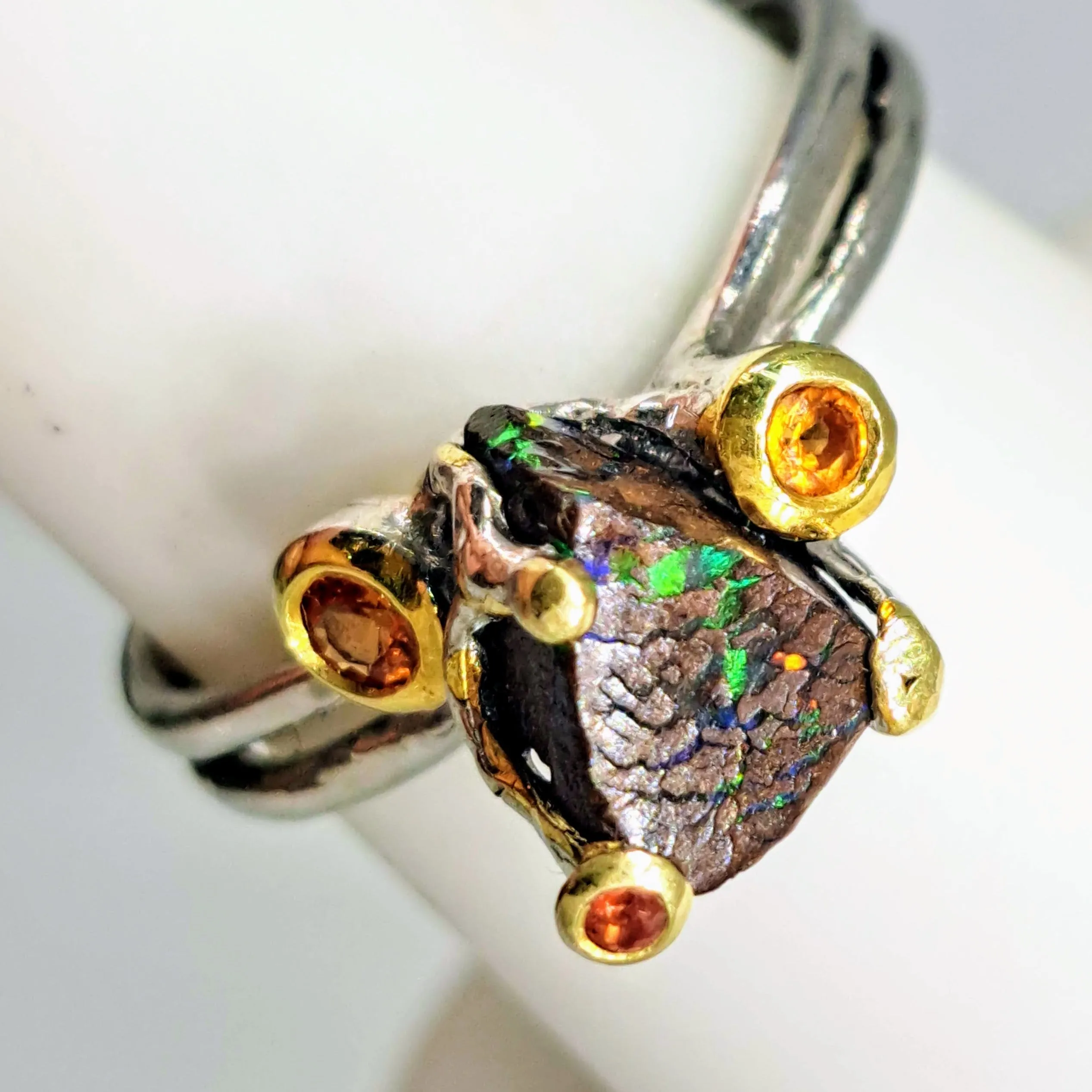 "The Solitaire" Sz 7.5 Ring - Boulder Opal, Mandarin Sapphire, Anti-tarnish Sterling, 18K Gold