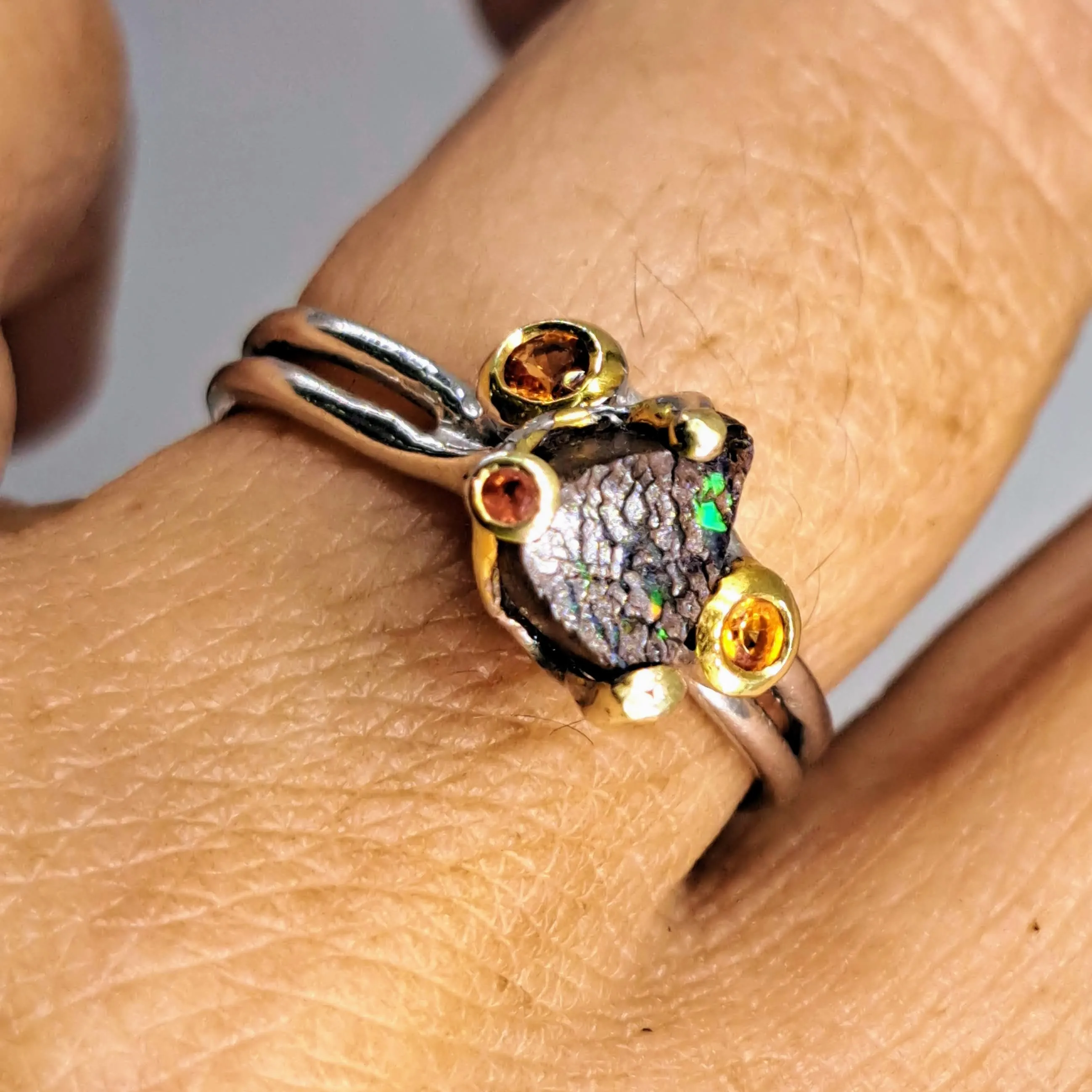 "The Solitaire" Sz 7.5 Ring - Boulder Opal, Mandarin Sapphire, Anti-tarnish Sterling, 18K Gold