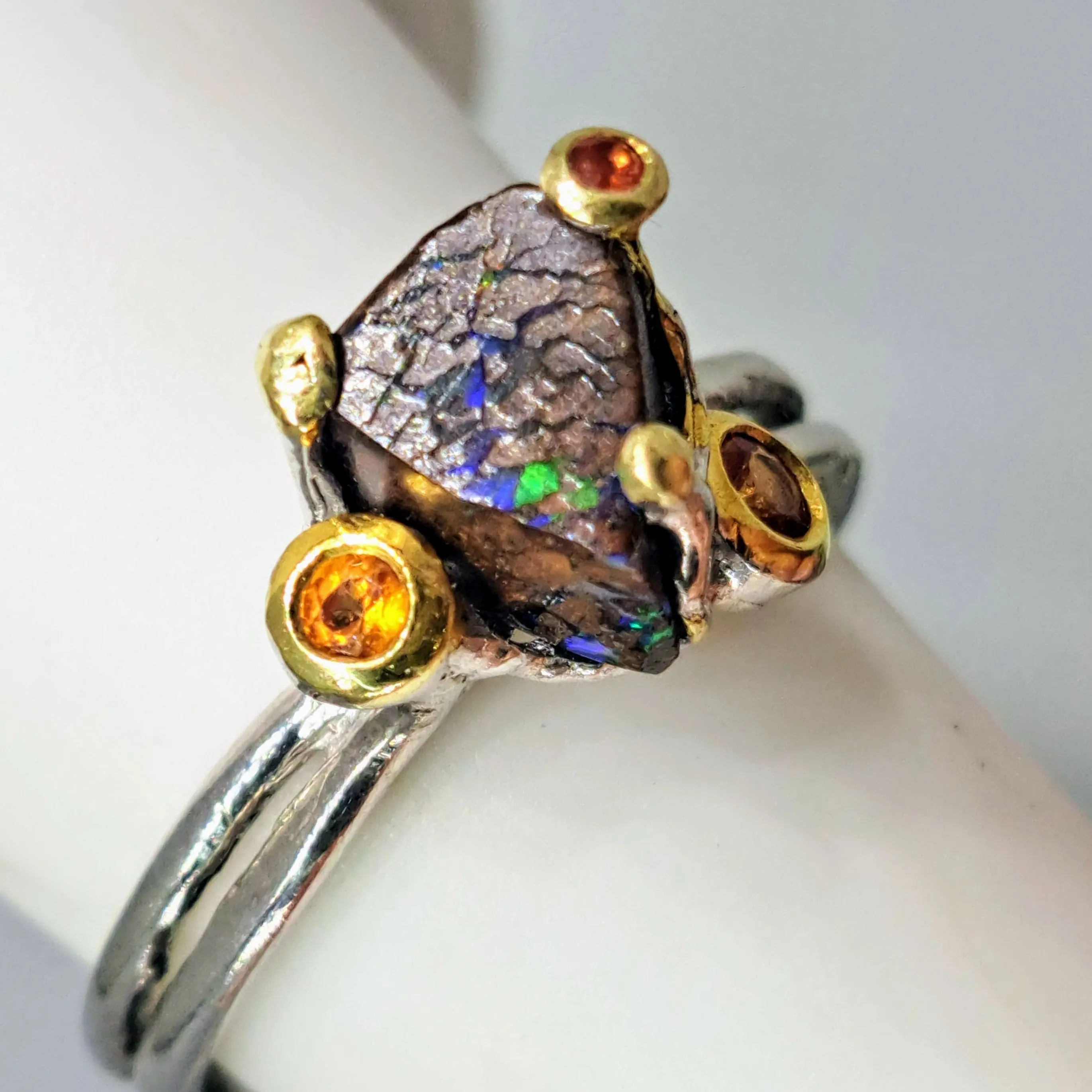"The Solitaire" Sz 7.5 Ring - Boulder Opal, Mandarin Sapphire, Anti-tarnish Sterling, 18K Gold