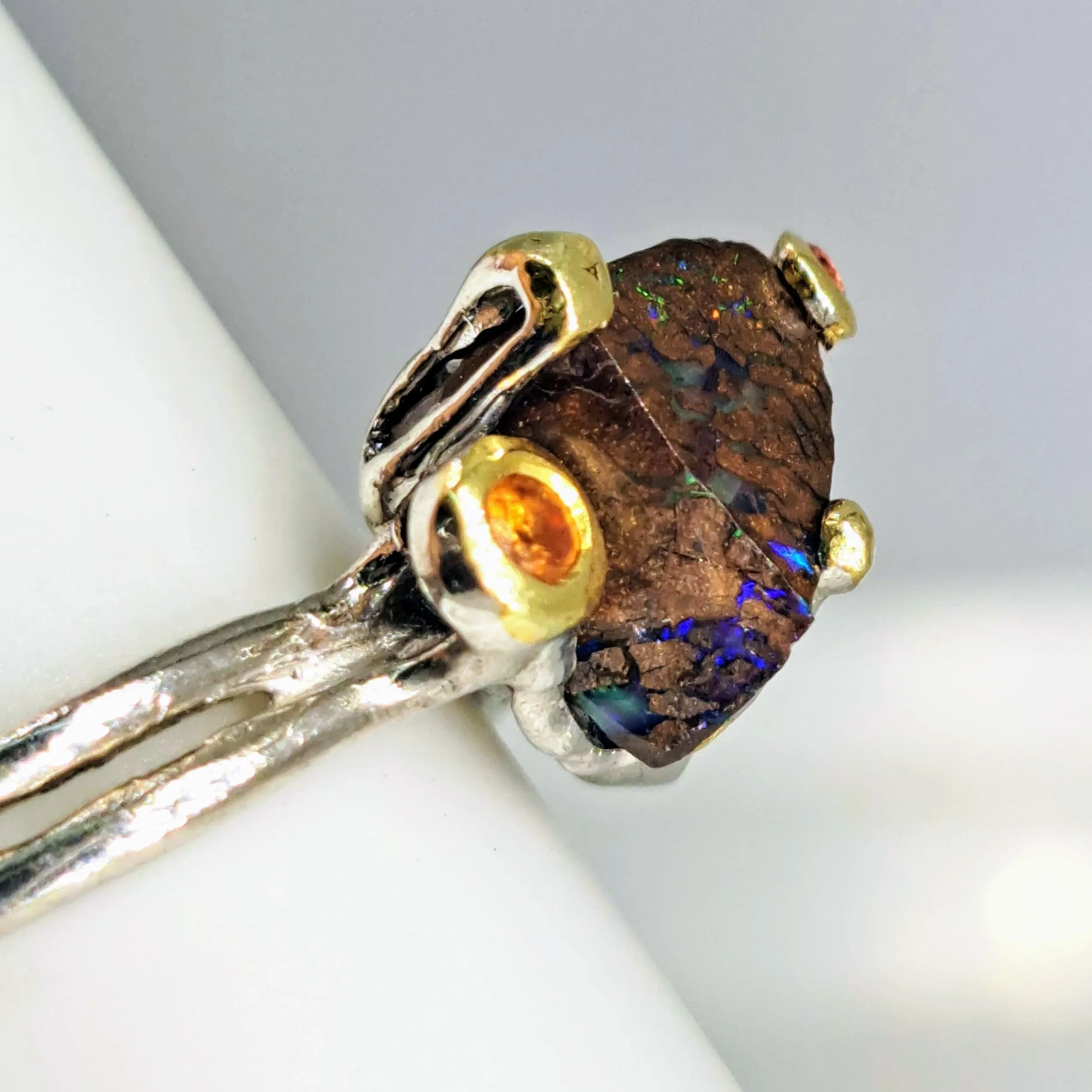 "The Solitaire" Sz 7.5 Ring - Boulder Opal, Mandarin Sapphire, Anti-tarnish Sterling, 18K Gold