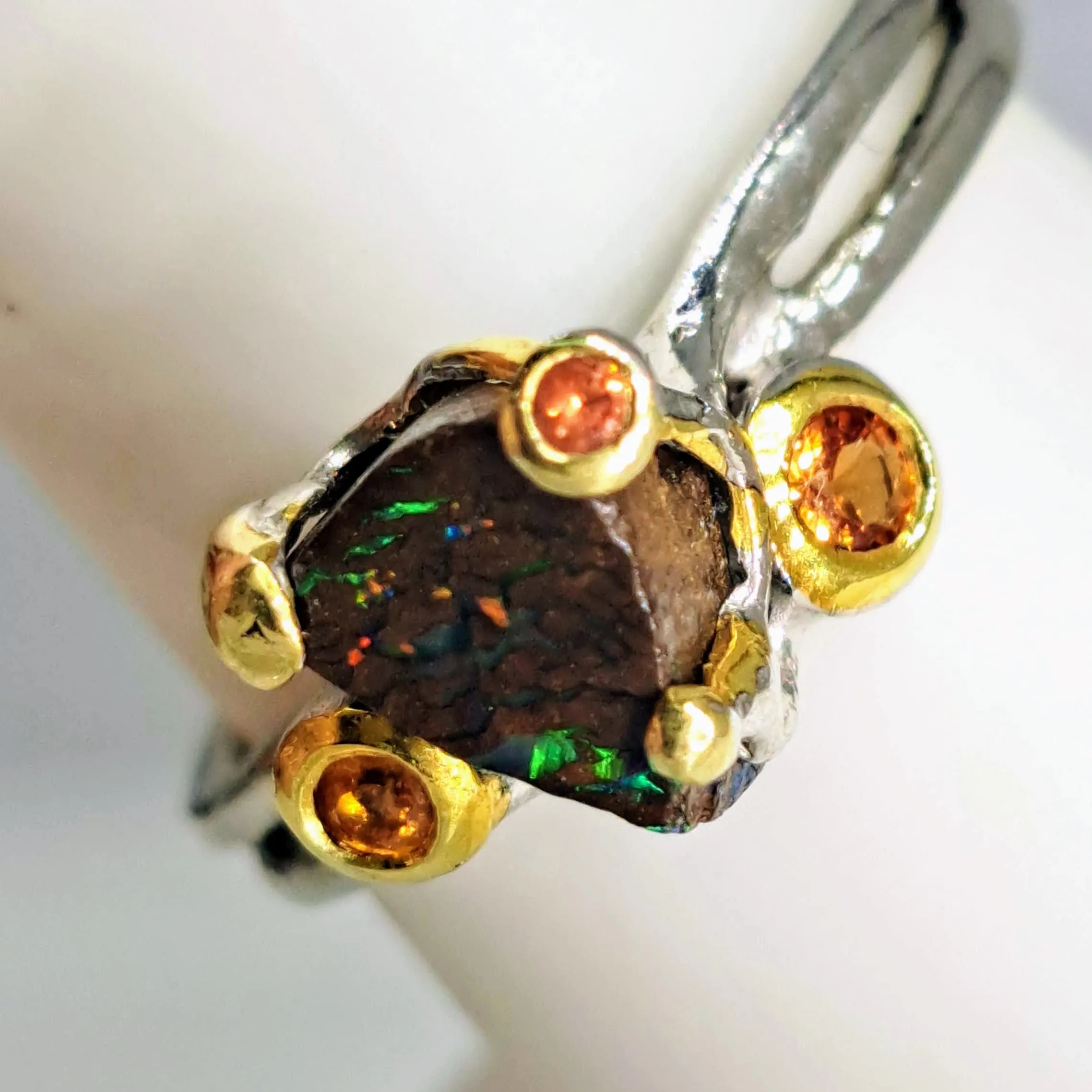 "The Solitaire" Sz 7.5 Ring - Boulder Opal, Mandarin Sapphire, Anti-tarnish Sterling, 18K Gold