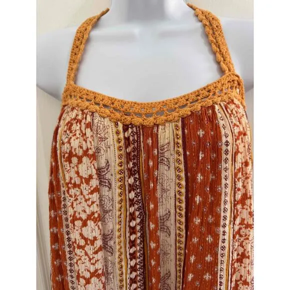 RAGA Orange Striped Crocheted Sleeveless Patterned Midi Dress Womens Extra Small