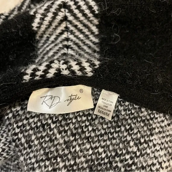 RD Style Large Checkered Plaid Black &amp; White Knee Length Open Cardigan Sweater M