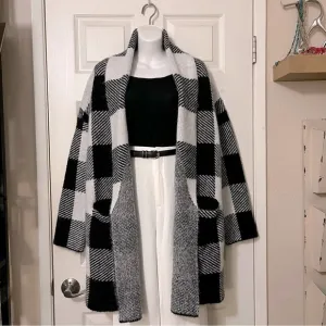 RD Style Large Checkered Plaid Black &amp; White Knee Length Open Cardigan Sweater M