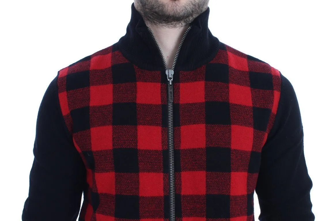 Red Black Wool Full Zipper Sweater