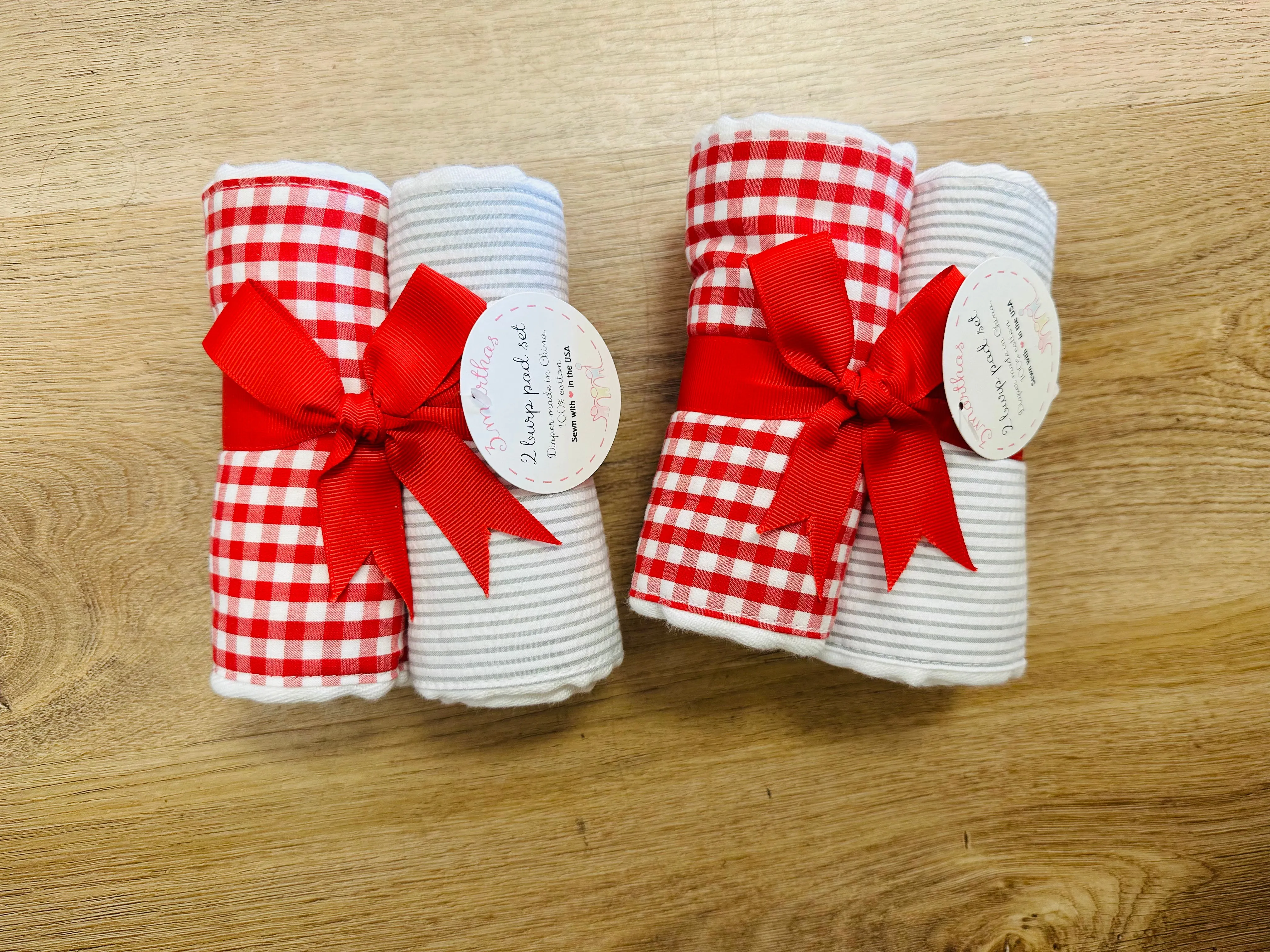 Red Checkered & Grey Stripe Burp Set