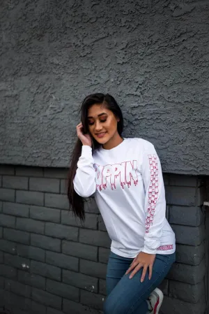 Red Drippin Outline | White Long Sleeve Tee (Outline Checkered Drippin Sleeves)