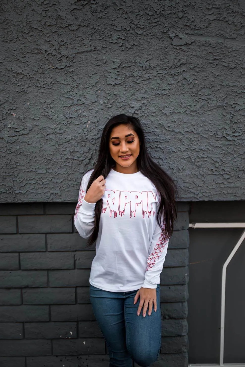 Red Drippin Outline | White Long Sleeve Tee (Outline Checkered Drippin Sleeves)