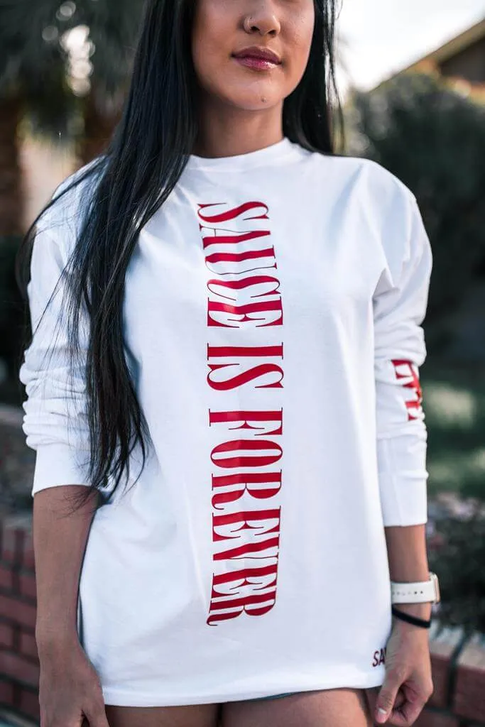 Red Sauce Is Forever (Vertical Big) | White Long Sleeve Tee (LOVE Sleeve)