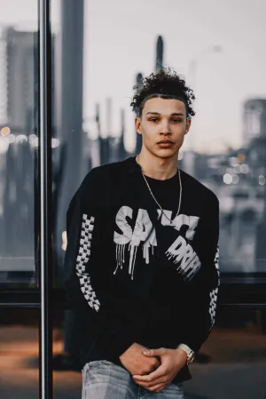 Reflective Sauce | Black Long Sleeve Tee (Checkered Drippin Sleeve)