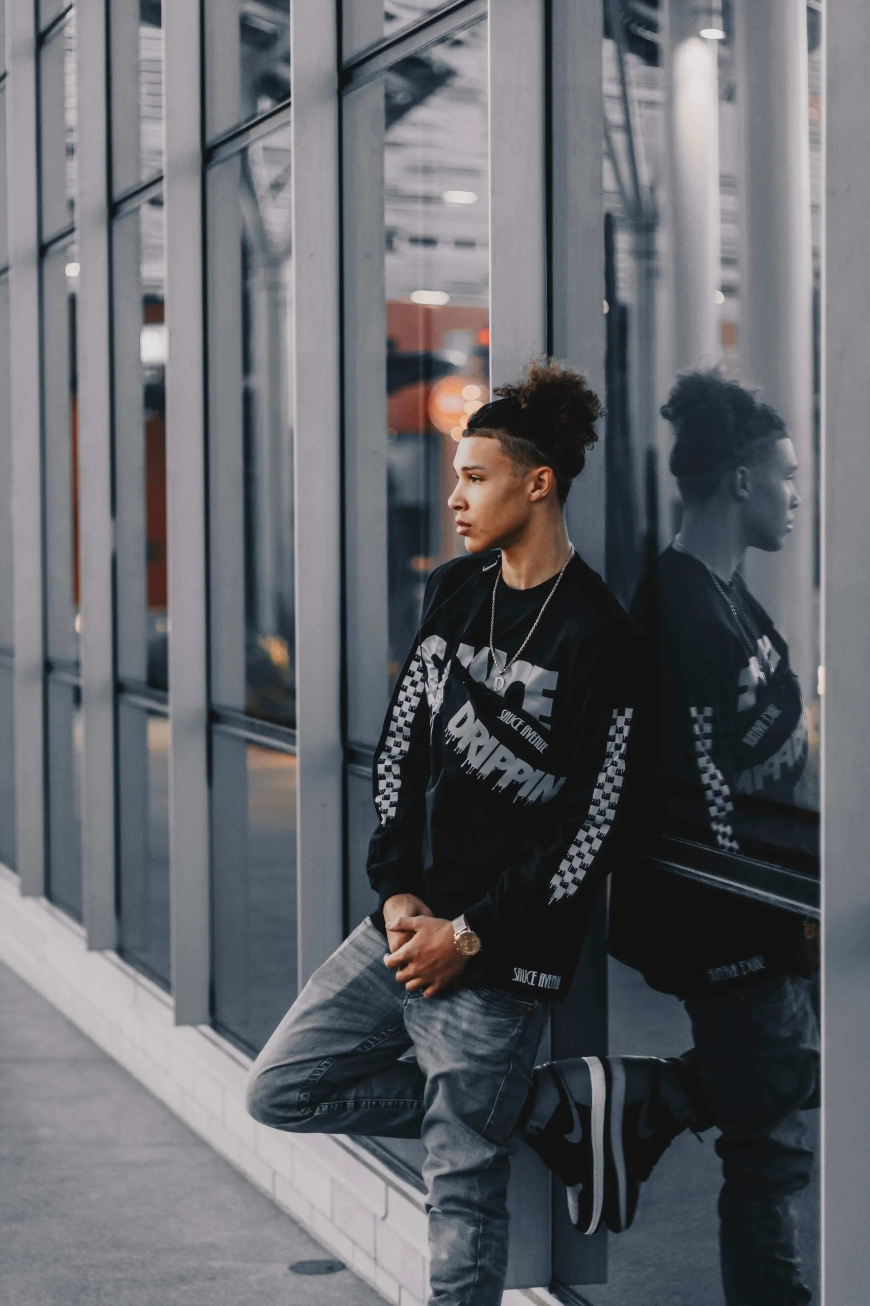 Reflective Sauce | Black Long Sleeve Tee (Checkered Drippin Sleeve)
