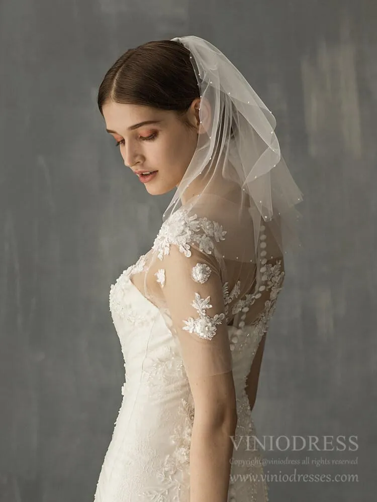 Roycebridal Two Tiers Short Bridal Veils with Pearls AC1237