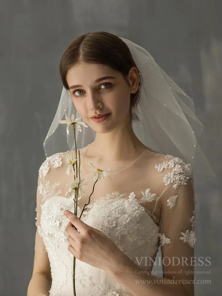 Roycebridal Two Tiers Short Bridal Veils with Pearls AC1237