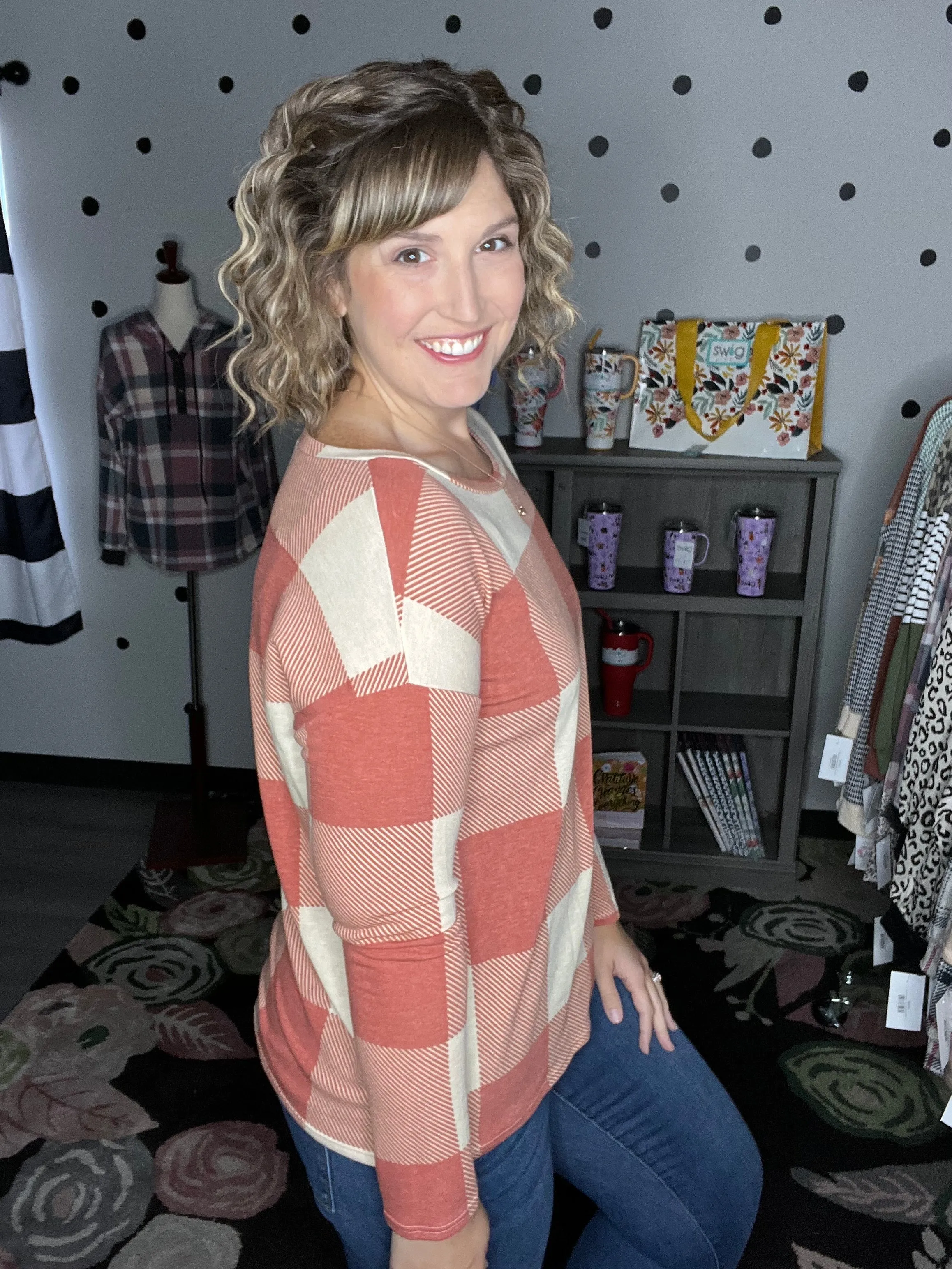 Rust & Taupe Checkered Top
