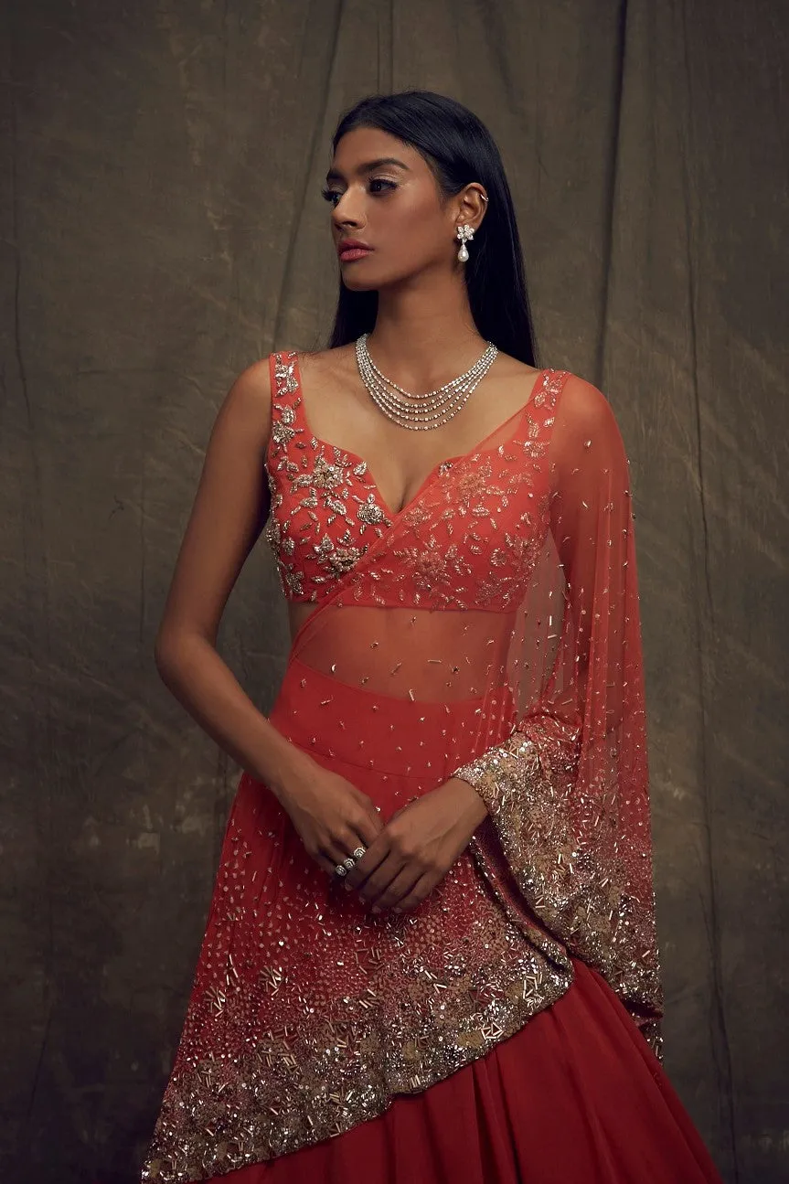 Rust Embellished Lehenga and Sleeveless Blouse