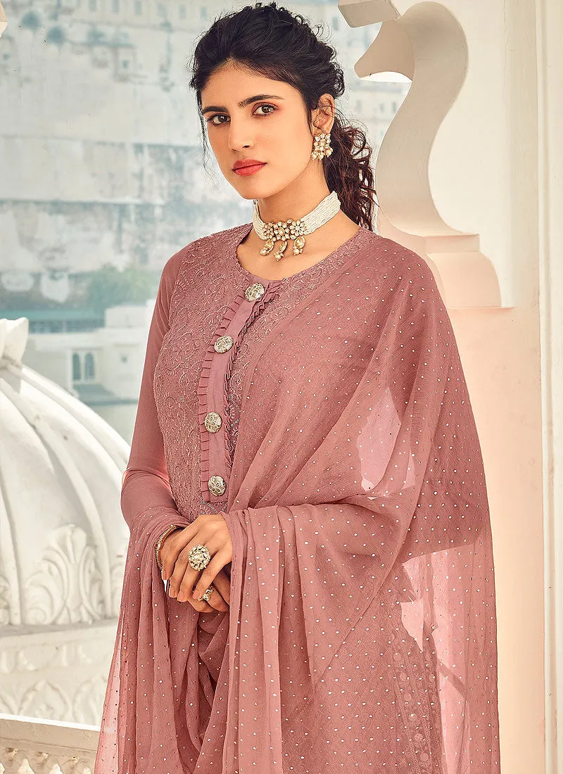 Salmon Pink And Beige Embroidered Palazzo Style Suit