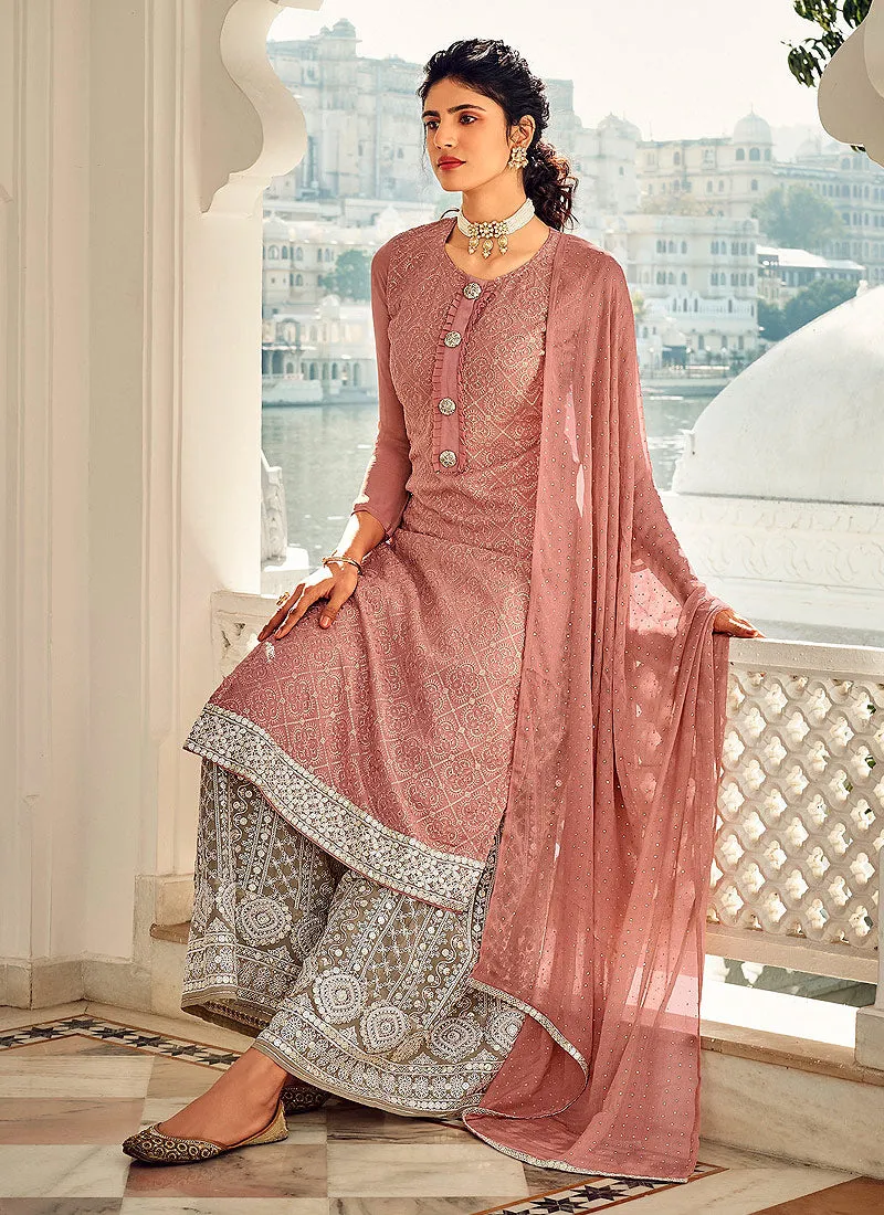 Salmon Pink And Beige Embroidered Palazzo Style Suit