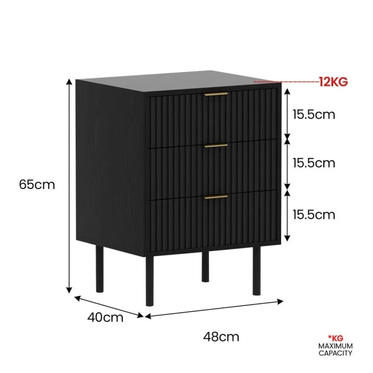 SARANTINO EVELYN BEDSIDE TABLE WITH 3 DRAWERS - BLACK