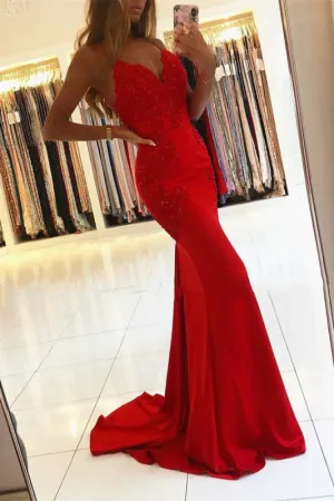 Scarlet Siren Mermaid Prom Gown Adorned with Delicate Appliques