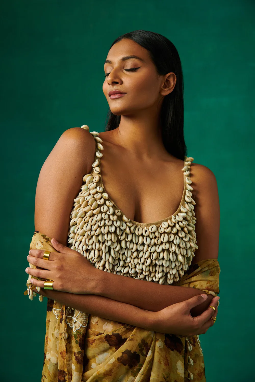 Shells Embellished Blouse And Drape Saree