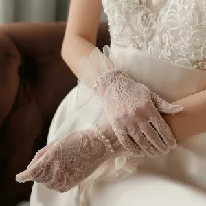 Short Lace Bridal Gloves with Pearls AC1016