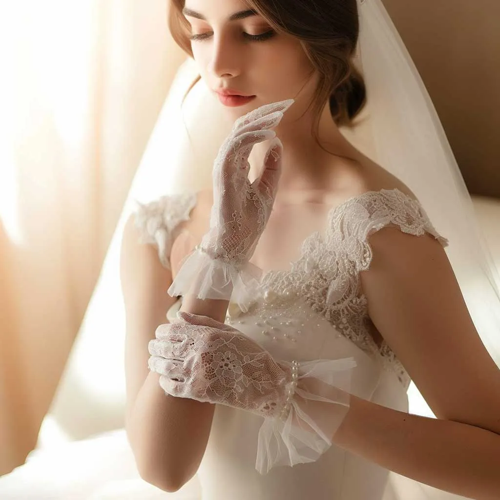 Short Lace Bridal Gloves with Pearls AC1016