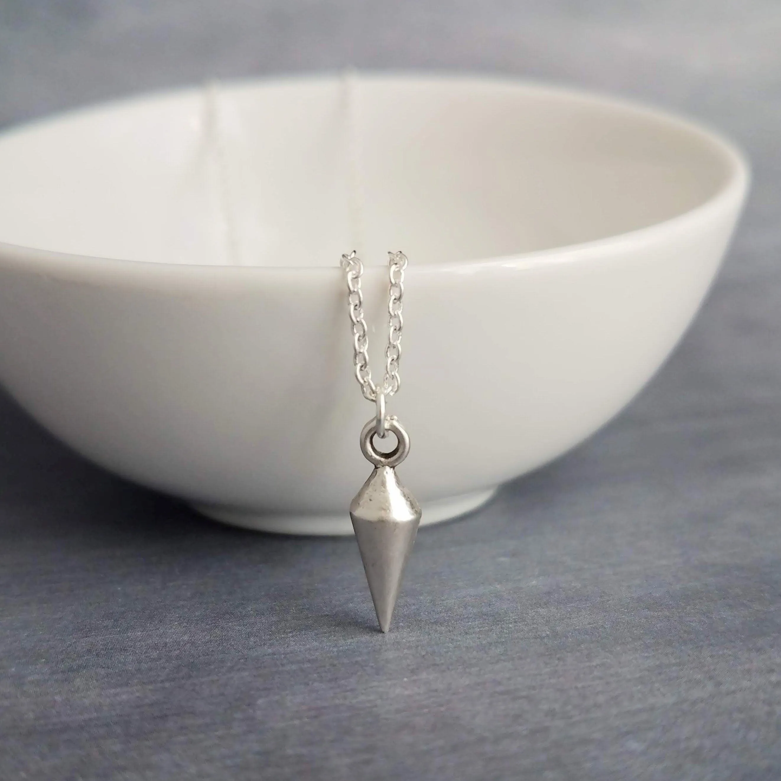 Silver Spear Necklace, small spear pendant, pewter necklace, silver pendulum necklace, spike pendant, antique silver necklace, minimalist