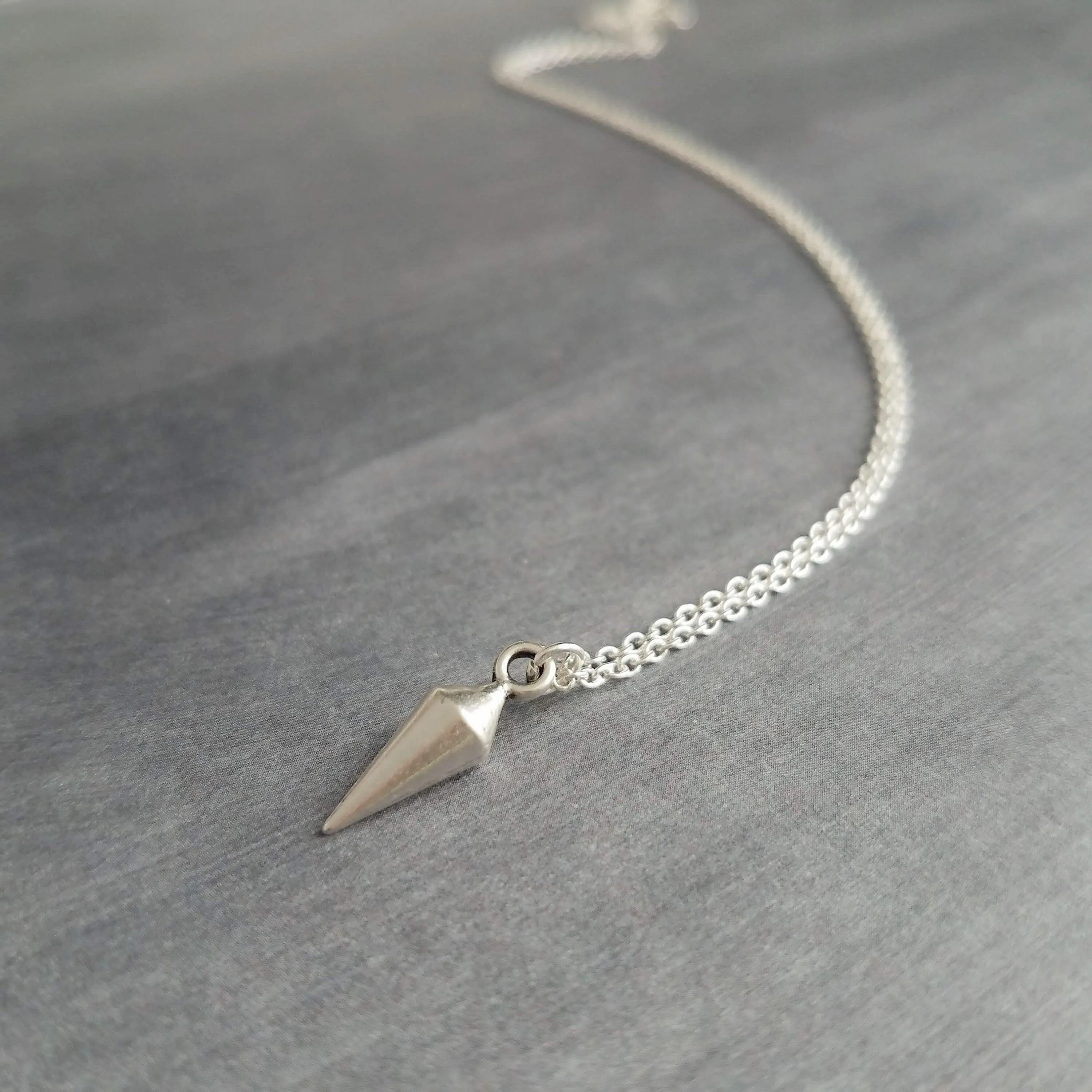 Silver Spear Necklace, small spear pendant, pewter necklace, silver pendulum necklace, spike pendant, antique silver necklace, minimalist