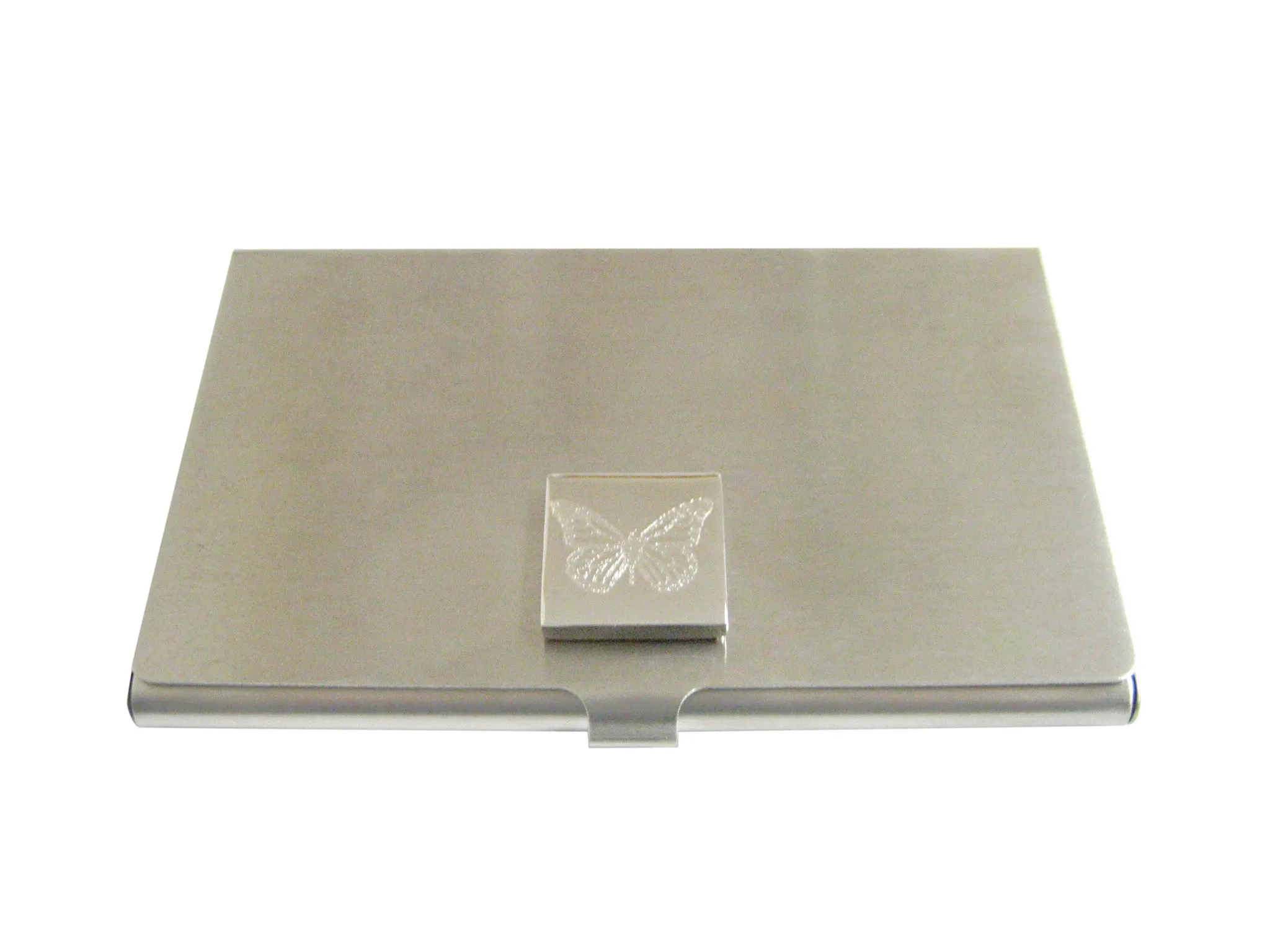 Silver Toned Etched Simple Butterfly Bug Business Card Holder