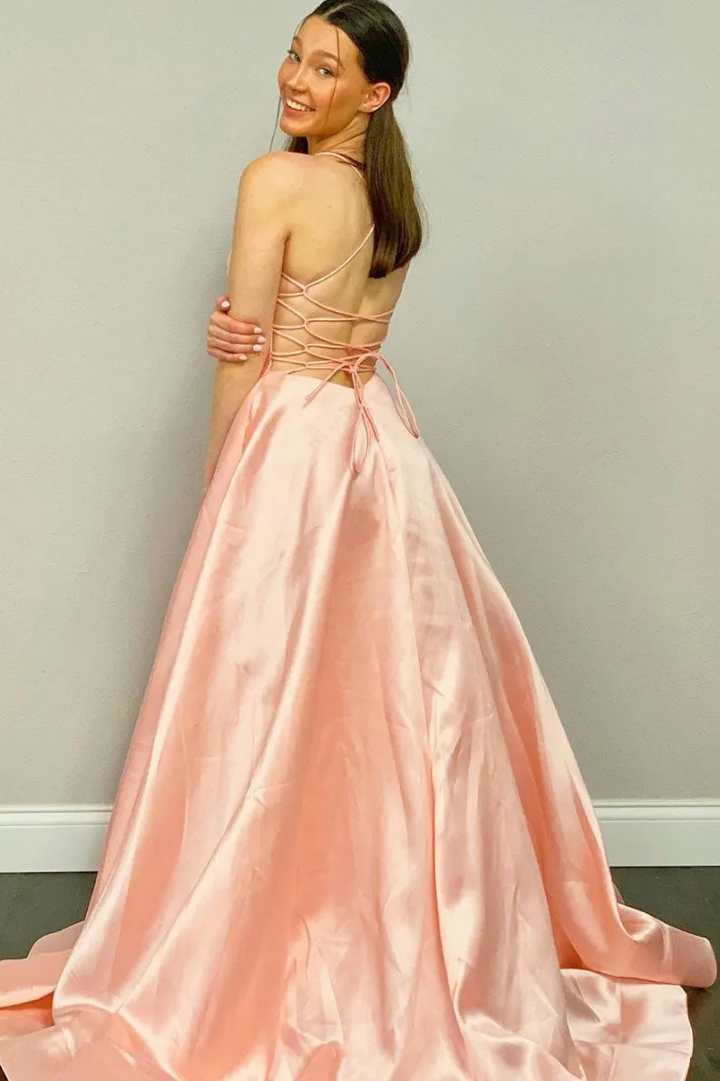Simple pink v neck satin long prom dress pink evening dress