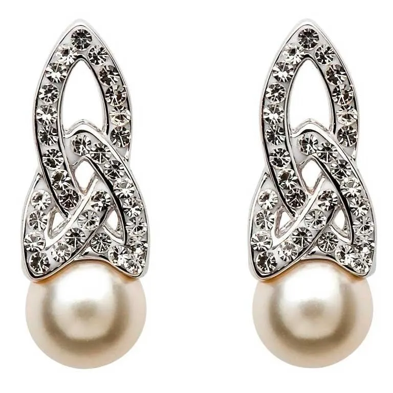 Sterling Silver Celtic Pearl Earrings Adorned By Crystals SW25