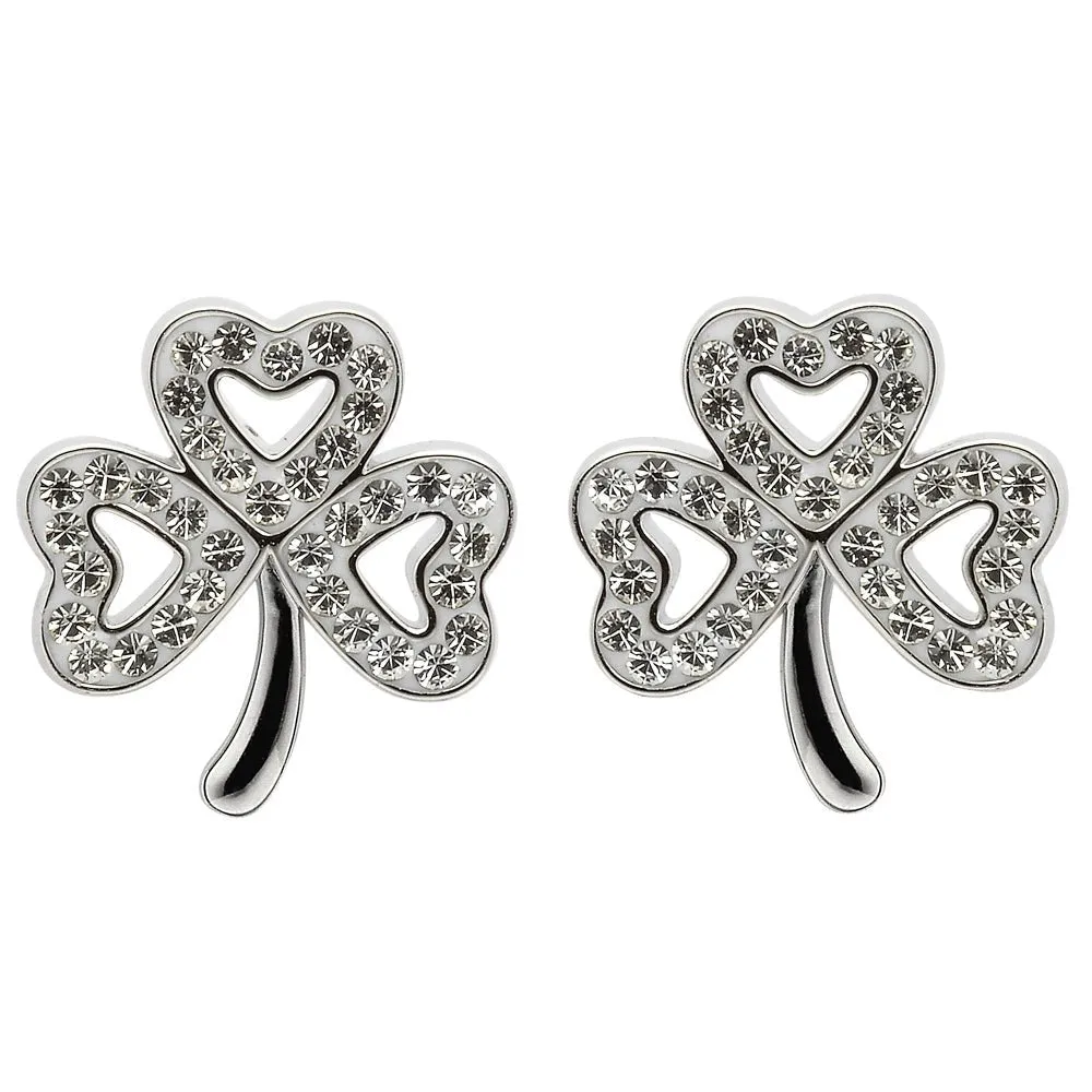 Sterling Silver Celtic Shamrock Earrings Adorned By Crystals SW51