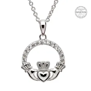 Sterling Silver Claddagh Pendant Embellished with White Swarovski Crystals SW1