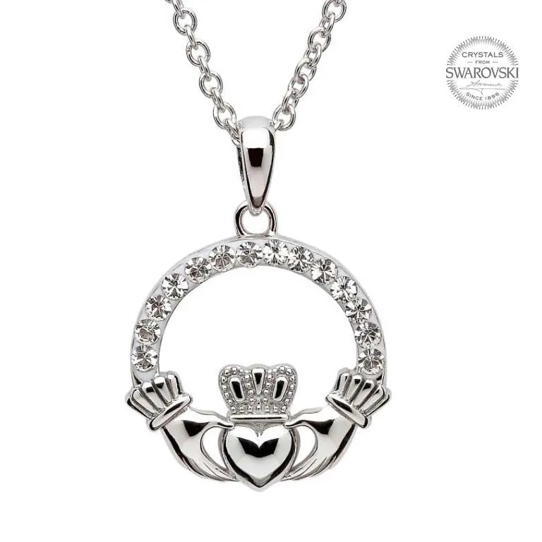Sterling Silver Claddagh Pendant Embellished with White Swarovski Crystals SW1