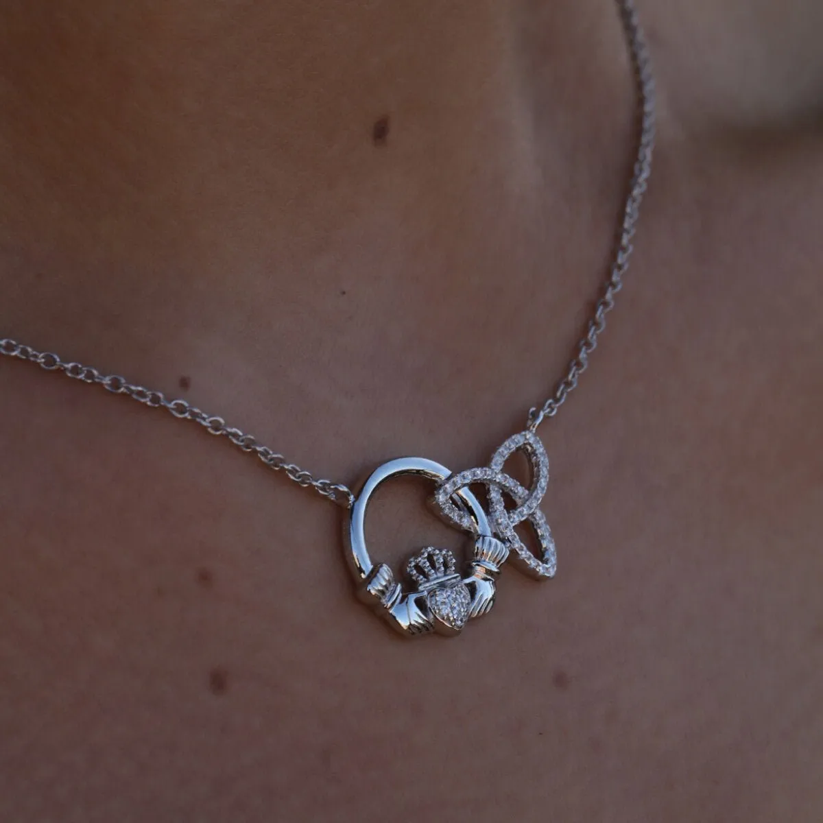 Sterling Silver S46038 Claddagh and Trinity Necklace with CZ