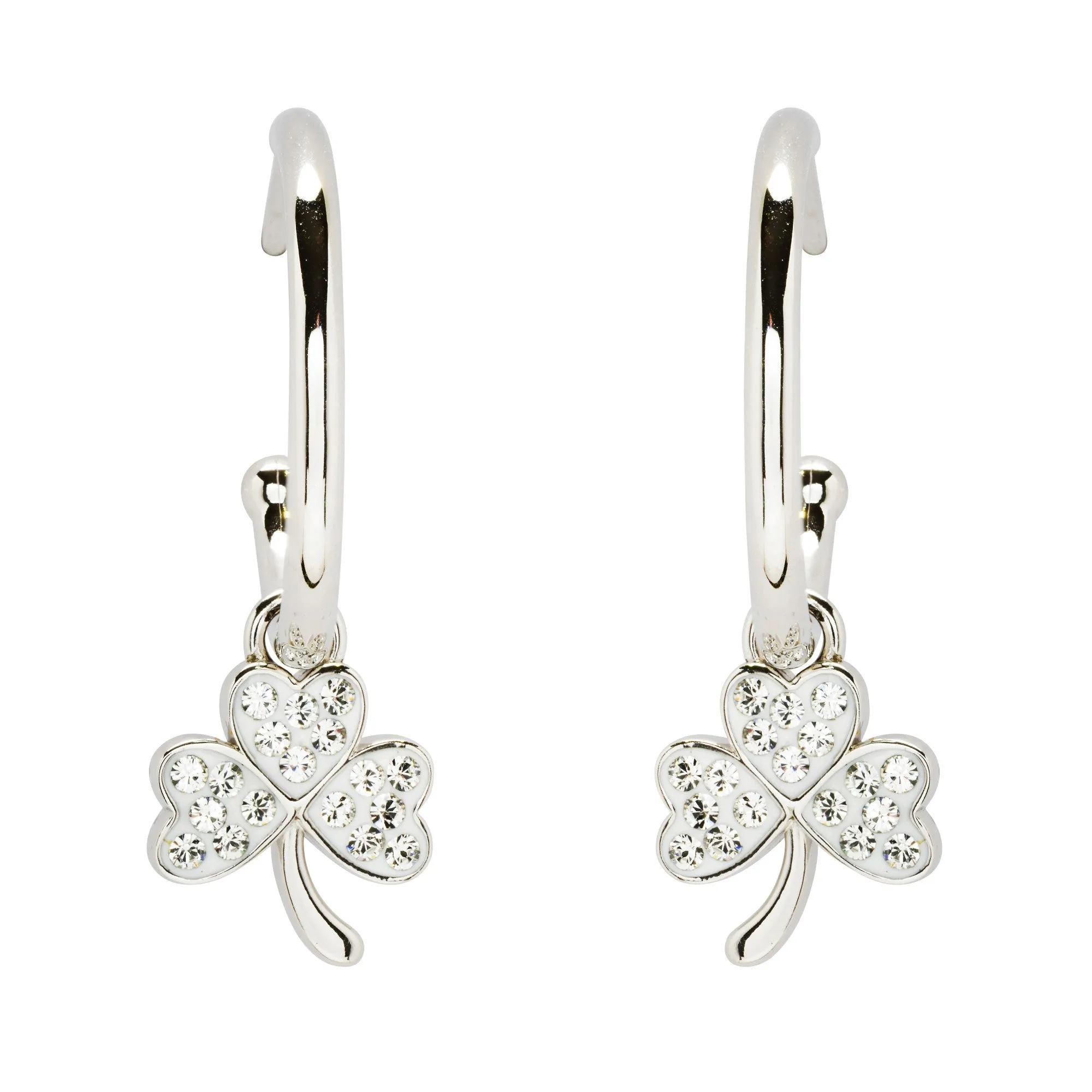 Sterling Silver Shamrock Hoop Earrings Adorned By Crystals SW247