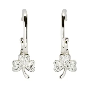 Sterling Silver Shamrock Hoop Earrings Adorned By Crystals SW247