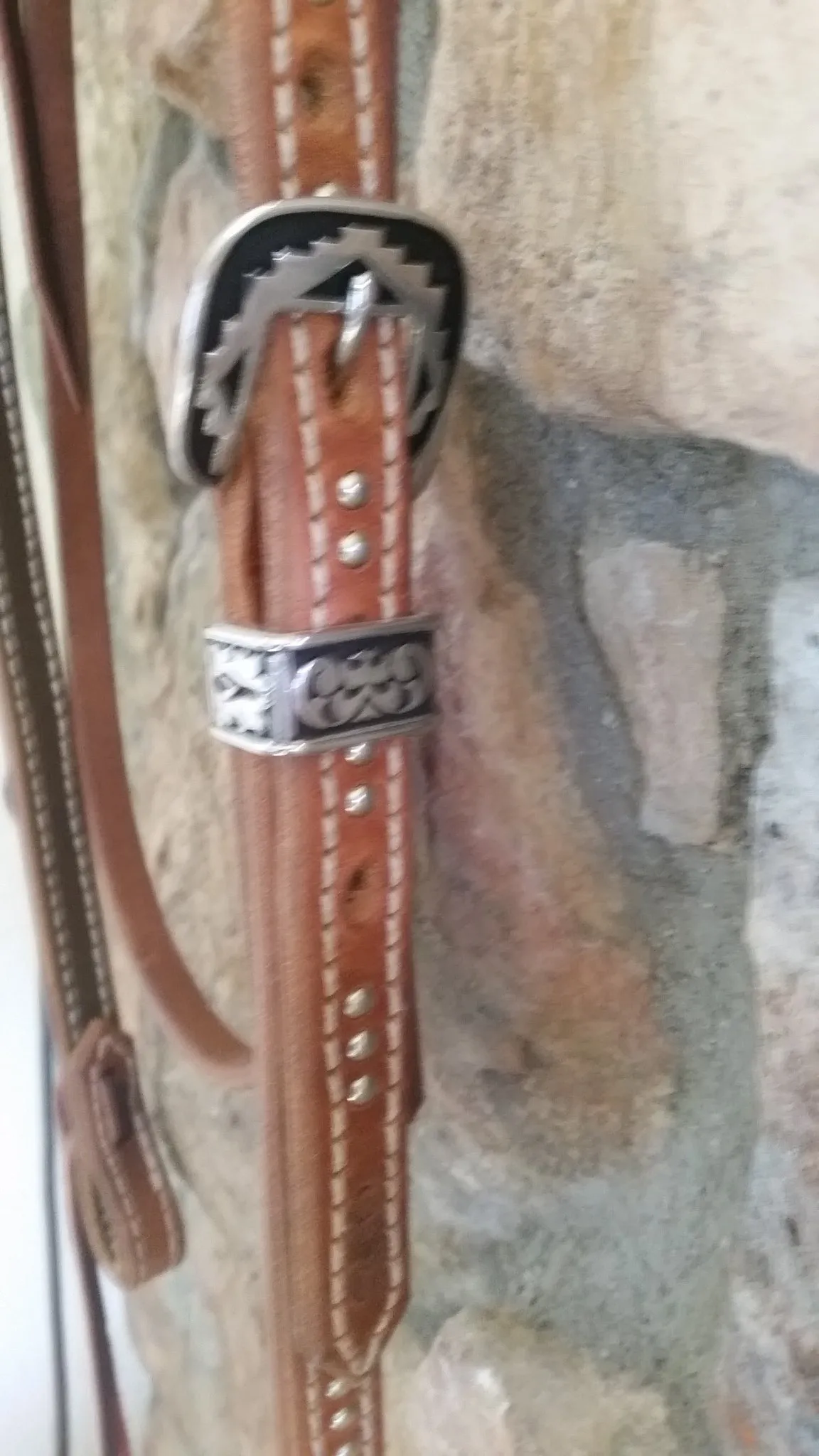 Stitched Leather One Ear Headstall with throatlatch,  Silver Dots & Navajo Buckle