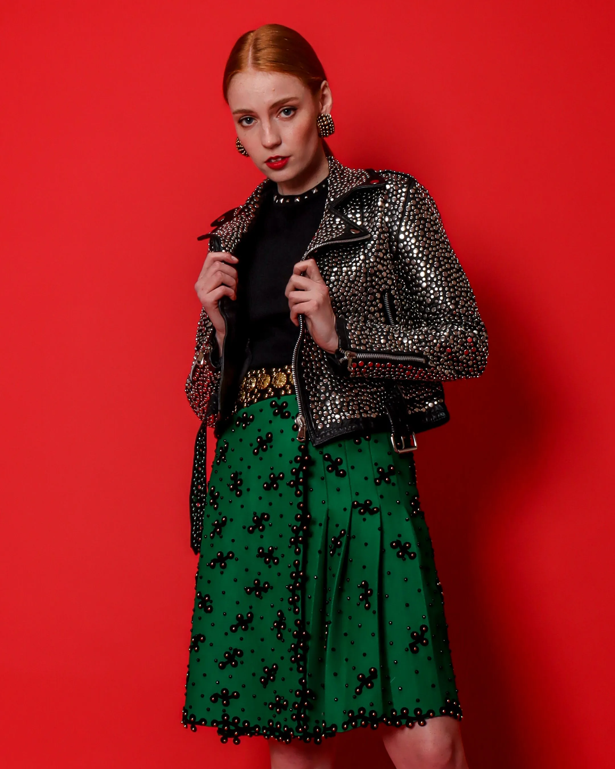 Studded Embellished Wool Skirt