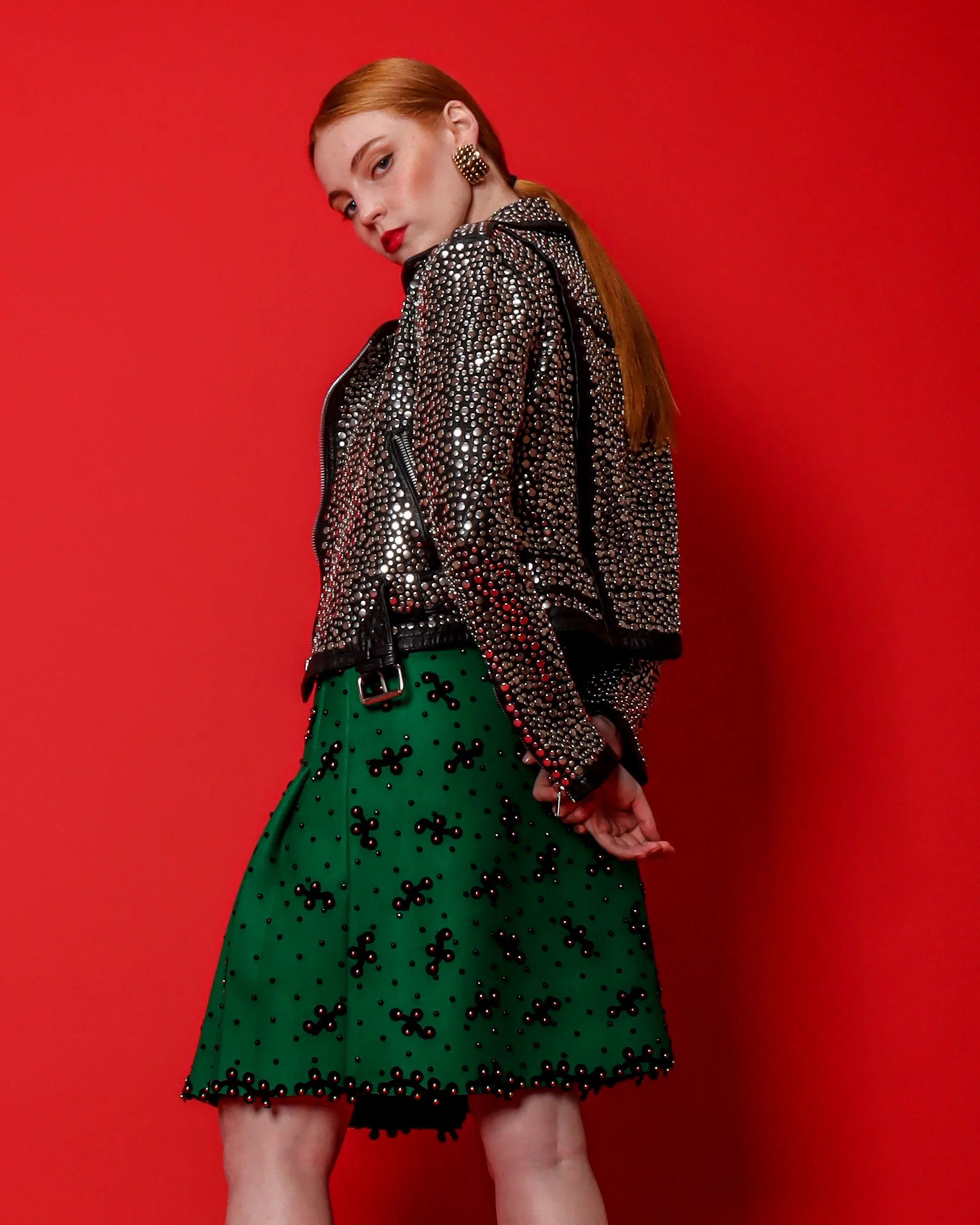 Studded Embellished Wool Skirt