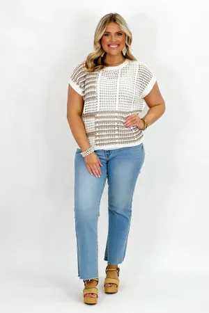 Taupe Multi Stripe Short Sleeve Crochet Top