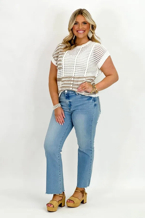 Taupe Multi Stripe Short Sleeve Crochet Top