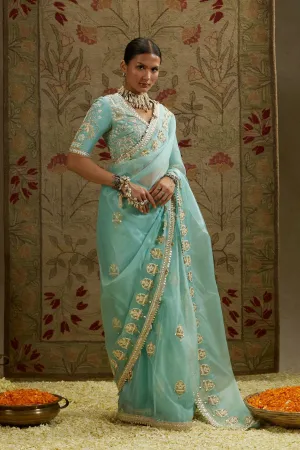 TEAL BLUE ORGANZA EMBELLISHED SAREE PAIRED WITH EMBELLISHED BLOUSE