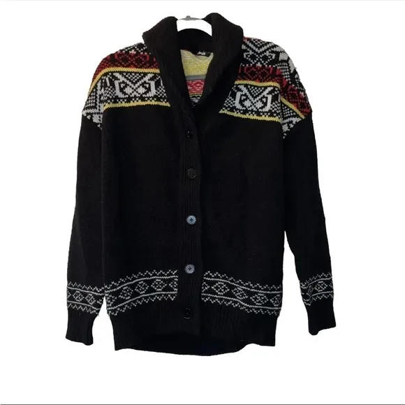 THE KOOPLES sweater cardigan black red yellow XL patterned knit fisherman wool