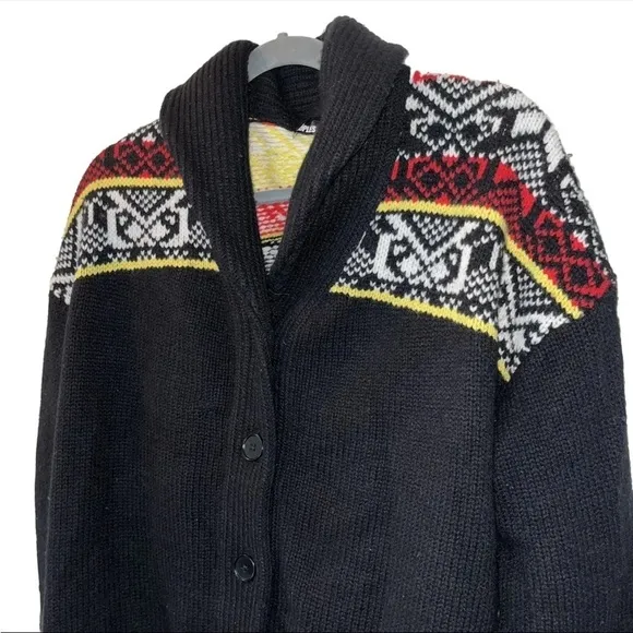 THE KOOPLES sweater cardigan black red yellow XL patterned knit fisherman wool